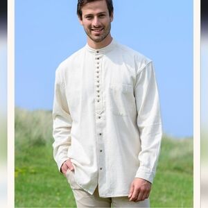 Aran Sweater Market 100% Cotton Men's Long Sleeve Collarless Traditional Shirt
